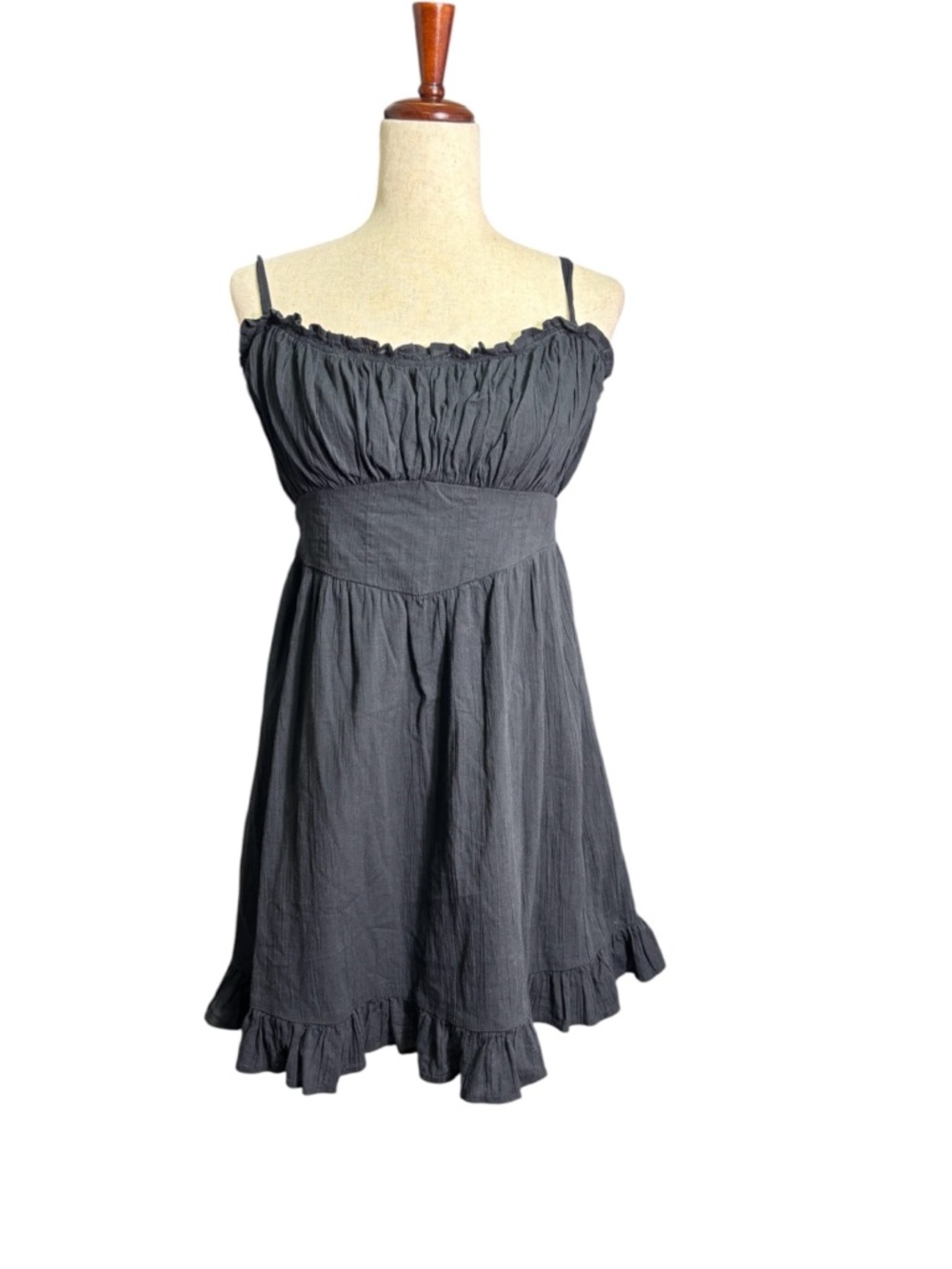 Aerie Black Smocked Mini Dress Tie Strap Ruffle Hem Flowy Babydoll Size M